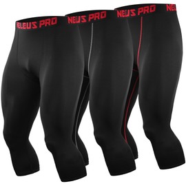 NELEUS Men's 3 Pack Running Capri Leggings Athletic Compression Short,6057,Black,red and Grey Stripe,2XL,EU 3XL
