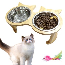 Elevated Cat Food Bowl for Indoor Cats and Cat Toy Set, Raised Cat Bowl, Cat Dishes for Food and Water, Cat Wet Food Bowl, Pet Bowls Cat, Eco-Friendly Bamboo Cat Bowl
