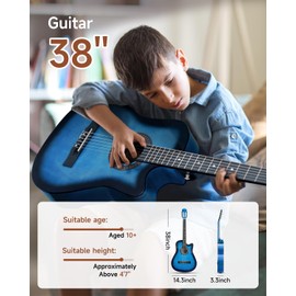 Moukey 38" Acoustic Guitar for Beginners Kids Youth Adult Cutaway Guitarra Acustica Kit with Chord Poster, Gig Bag, Tuner, Picks, Nylon Strings, Capo, Strap - Blue