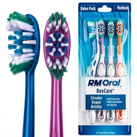 RM Oral RevCare - cepillo para polvo de dientes mediano, placa de cerdas circulares, limpiador de lengua y mejillas, combate el mal aliento, 4 unidades