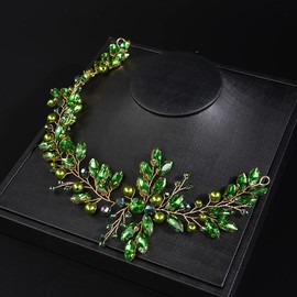 JWICOS Crystal Wedding Headband for Brides Pearl Wedding Hair Accessories Bridal Hair Piece Hair Vine for Women and Girls (Green Gold)