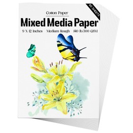 Mixed Media Paper 60 Sheets, 9 X 12 Inches 140 LB/300 GSM Heavyweight Cotton Paper Smooth/Medium Rough Texture Art Paper for Watercolor, Gouache, Marker, Painting, Drawing, Sketching