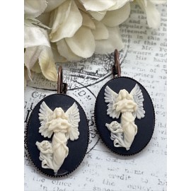 FANCY FOX BOUTIQUE Rose Gold Brass Cream & Black Angel Anniversary Earrings Cameo Birthday Gift