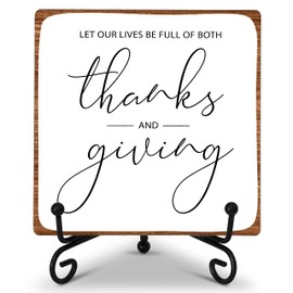 Fall Harvest Desk Decor, Thanksgiving Wooden Sign Gifts for Women Men, Let Our Lives Be Full Of Both Thanks And Giving Plaque With Iron Stand, Farmhouse Home Office Autumn Decorations -19