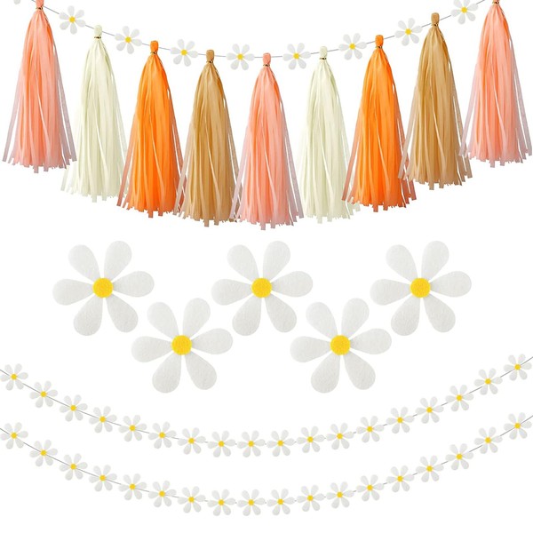 WOOXDYUK Pack of 32 Daisy Boho Garland for Pulling the Flag, with 20 Pieces Tassel Pendants, 1 Piece 2 m Long Rope, 1 Piece Crocheted, for Weddings, Birthdays and More