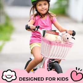 GRANNY SAYS Kids Bike Basket Front, Small Wicker Basket with Handle, Bicycle Basket for Boys and Girls, Small Basket for Bike, Baskets with Adjustable Straps, 9¾" X 7" X 6", Pink and White