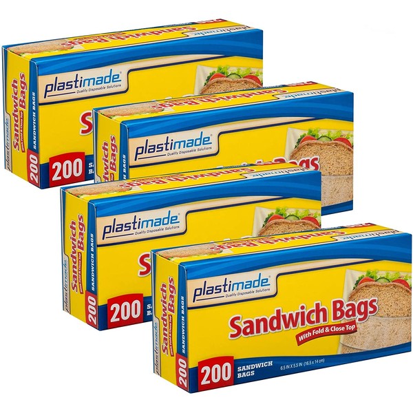 Plastimade Sandwich Bags With Fold & Close Top (6.5 in X 5.5) in 200 Count Pack of 4