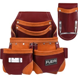 FUERI Leather Tool Pouch for Carpenters 5 Pocket Framers Belt Bag Kit | Heavy Duty Bag With Tape Holder | Rig Riveted Tool Organizer - Reinforced Seams (Maroon)