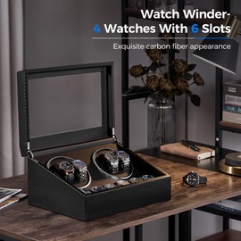 ANWBROAD Watch Winders for Automatic Watches, Automatic Watch Winder with 4 Watch Rotator and 6 Extra Storages, 4 Watch Winder with Japanese Quiet Motor, Carbon Fiber Watch Winder,UJWW012C