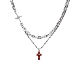 GulCean Goth Cross Necklace for Men Stainless Steel Trendy Y2K Layered Paper Clip Cross Cuba Chain Red Black Zircon Liquid Metal Cross Pendant Charm Choker Necklace for Women Teen Boys (1 Red)