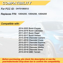 Vurkcy Key Fob Replacement for 2014-2022 Buick Encore/ 10-16 Lacrosse/ 11-17 Regal/ 12-17 Verano/ 10-17 Chevy Equinox/ 13-16 Malibu/ 14-19 Impala/ 12-18 Sonic/ 10-18 GMC Terrain Keyless, OHT01060512