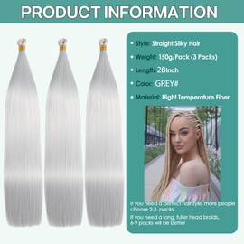 Locescsoc 28 Inch Bone Straight Braiding Hair 150g 3 Packs Straight Hair Extensions, Ariel Straight Ponytail Hair Bundles, Ombre Soft Synthetic Hair for Women (GREY#, 28 Inch 3 Packs)