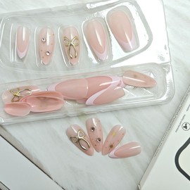 24Pcs Pink French Tip Press on Nails Medium Almond Fake Nails 3D Gold Bow Star with Rhinestones Glitter Designs Full Cover Glue on Nails Artificial Cute False Nails for Women Acrylic Manicure Salon