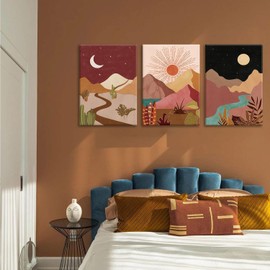 okudolit Mountain Framed Canvas Wall Art Set of 3 Mid Century Nature Landscapes Painting Colorful Sun Moon Desert Boho Modern Minimalist Wall Decor for Living Room Bedroom Office-16x24in