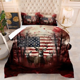 kxry Red and White Elk USA American Flag Comforter Set Queen Size Quilt for Boys Kids Teens US Stars Stripes Flags Bedding 1 Comforter + 2 Pillow Cases