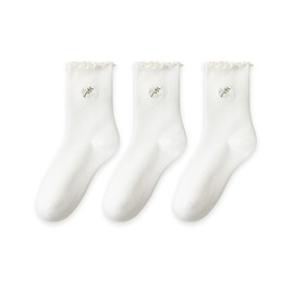 3 Pairs Women’s Ruffle Socks Frilly Cotton Cute Flower Crew Socks (CA/US, Alpha, One Size, Regular, Regular, Cream-colored *3 Pairs)