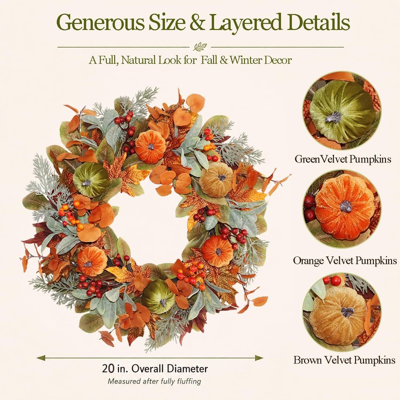 20 Inch Pre-Lit Pumpkin Fall Wreath for Front Door, 30
