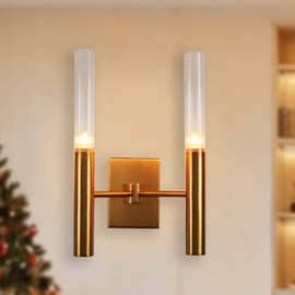 Mid-Century Wall Sconce, Vintage Hand-Polished Wall Light with Vintage Brass Finish and Ribbed Glass Shades, Vanity Light Beside/Over Mirror, Sconce for Outdoor, Living Room, Bedroom, Hallway