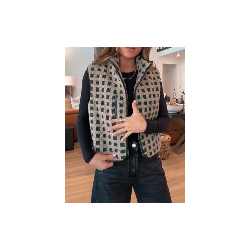 VALOZENC Womens Sleeveless Checkered Sherpa Vest with Pocket Zip Up