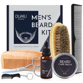 DUAIU -Kit de cuidado de barba para hombres, incluye aceite y bálsamo para barba, cepillo de cerdas de jabalí, peine multiusos y tijeras para recortar