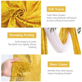 Wedding Arch Draping Fabric, 1 Panel 28" x19ft White Wedding Arch Drapes & 1 Panel 16" x19ft Gold Sequin Fabric Drapes Arbor Backdrop Curtain for Wedding Arch Ceremony Bridal Shower Reception