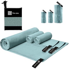 Tian qing Microfiber Towel Set, 3 Piece, Fast Drying, Soft Touch, Lightweight, Multiple Sizes for Beach, Camping, Travel (Wathet, Large)