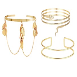 Set of 3 Upper Bangle Gold, Bangle Gold Upper Arm Golden Bangle Set with, Elegant Jewellery for Women, Versatile Wear for All Occasions (Leaf, Snake, U-shape)