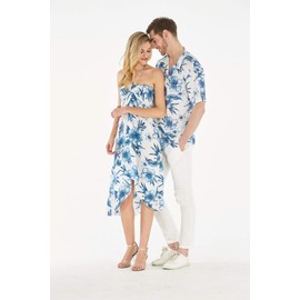 Couple Matching Hawaiian Luau Party Outfit Set Shirt Dress in Day Dream Bloom Men L Women M