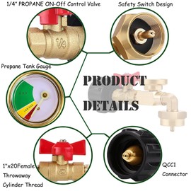 NICOLEKAY Propane Refill Adapter for 1lb. Tanks, 90 Degree Propane Adapter 20lb to 1lb Converter with Gauge and Control Valve for Propane Tank, Heater, Grill Stove, 4 Caps Included, Solid Brass