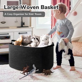 Goodpick Extra Large Storage Basket, 23.6" x 15.7" x 13.8" Rectangle Cotton Rope Basket for Blankets, Pillows, Toys, Woven Dirty Clothes Baskets for Laundry, Black