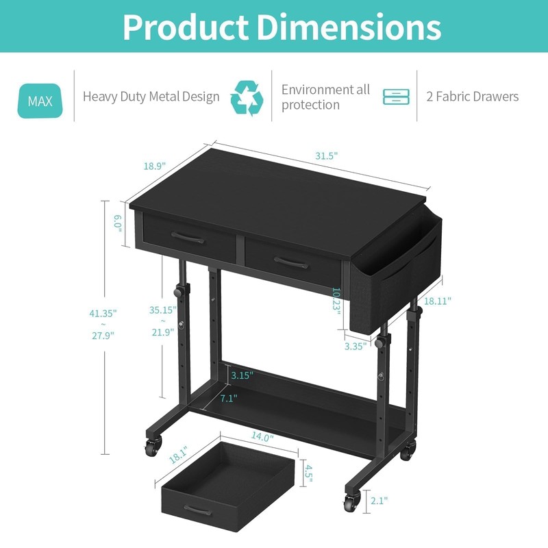 Small Portable Rolling Standing Desk - 32 Inch Adjustable Mobile