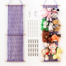 Pretty Jolly 47" Cotton Hanging Storage Net for Stuffed Animal with 20 Metal Clips Plushie Display Organizer Kid Room Nursery Decor Wall-Mounted Holder for Girls Boy Gift(Light Purple)