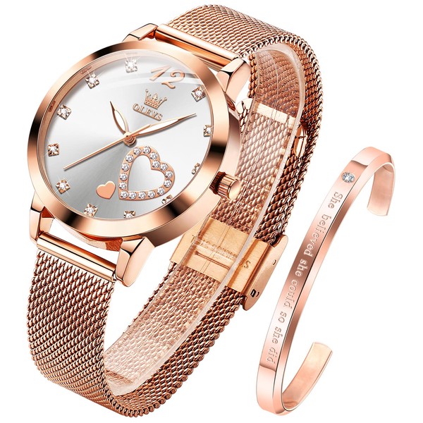 OLEVS Women's Rose Gold Watches Heart Diamond Japanese Quartz Movement