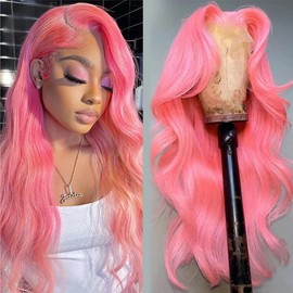 Mscathy Pink Body Wave Lace Front Wigs Human Hair Pre Plucked 150 Density Pink Human Hair 13×4 Lace Front Wigs for Women(26 Inch, Pink)