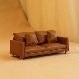 Funky Mini House 1:12 Dollhouse Miniature PU Sofa – Handmade Faux Leather Couch with Cushions, Modern Style Mini Furniture for BJD Ob11 Room Scene Decor (Brown)