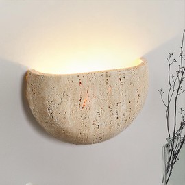 WOSBO Yellow Travertine Wall Sconce, 7.87" Wabi Sabi Light Fixture with Half Moon Natural Stone Lampshade Japanese Style Marble Wall Sconce Perfect for Kitchen Island Bedroom Living Room Farmhouse