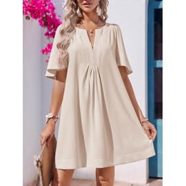 Wenrine Women Flutter Sleeve Shift Tunic Dress Casual Summer Mini Dresses with Pockets Beige