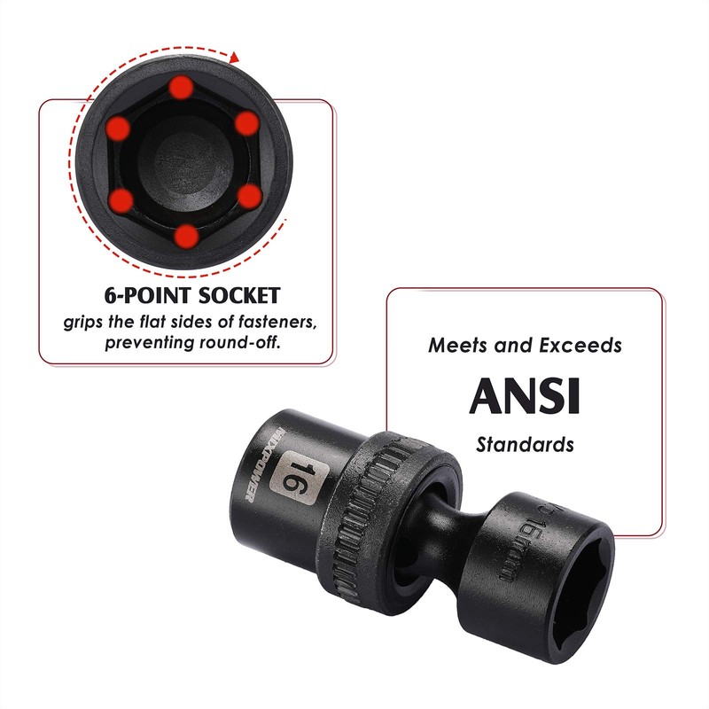 MIXPOWER 10-piece 3/8" Drive Shallow Universal Impact Socket Set, Metric,10-19mm,