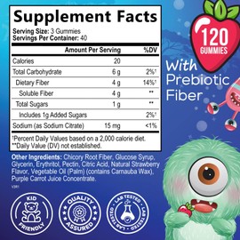 Fiber Gummies for Kids Supplement - Daily Prebiotic Fiber for Kids, Supports Regularity, Digestive Health & Immune Support, Nature's Plant Based Chicory Root Vitamins, Vegan, Berry Flavor, 120 Gummies