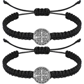 2 count Catholic Bracelets Saint Benedict Medal Gifts Adjustable String Bracelets Religious Gifts for Men Women Birthday Holiday - Color: Red