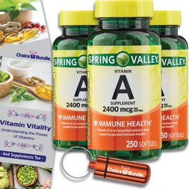 Choice Bundle Spring Valley Vitamin A Supplement 2400 mcg per Softgel 250 Ct 3 Pk (750 Total) + Plus Vitamin Guide and Pill Container (5 Items)!