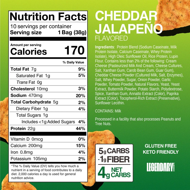 Legendary Foods Cheddar Jalapeño Protein Chips – Popped Tortilla Style