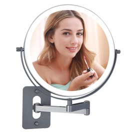 Rechargeable Wall Mounted Lighted Makeup Vanity Mirror 9 Inch Double Sided 1X 5X Magnifying Bathroom Mirror, 3 Color Lighting, Touch Screen Dimming, Extended Arm 360 Rotation Light up Mirror (Silver)