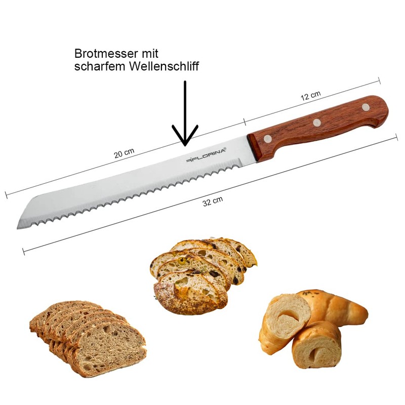 Brotmesser, Edelstahlklinge, Klingenlänge 20cm, Klingenblatt mit scharfem Wellenschliff, bequemer Holzgriff,