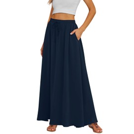 Tapata Regular Womens Flowy Maxi Skirt Long High Waist Elastic Drawstring Summer Pleated Skirts with Pockets, Navy Blue, M