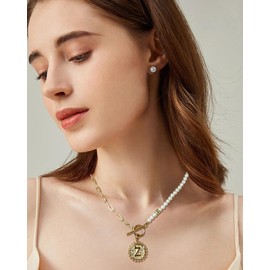 Nifsun Initial Half Pearl Half Chain Necklace Sterling Silver Stud Earrings Dainty Gold Mother of Pearl Choker Letter Pendant Jewelry for Women