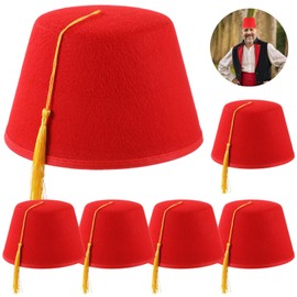 OMISTAR 6 Pcs Red Fez Hats, Non-woven Hats with Yellow Tassel for Men, Arabian Moroccan Bellhop Hat, Traditional Tarboosh Hat, Costume Accessories for Cultural Celebrations, Festivals