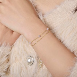 CANDYFANCY Danity Gold Bracelets For Women Pearl Beaded Bracelet Minimalist Double Layered Stainless Steel Cuban Chain Bracelets Fashion Jewelry Birthday Gifts For Sister Her