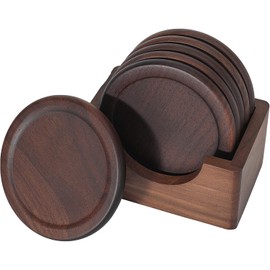 Classic Walnut Coaster Set of 7 Pieces. Including The Holder Pure Natural Wood and Texture.Wonderful Decor for Dining Tables and Office Tables