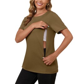 GINKANA Women's Nursing Shirts for Breastfeeding with Hidden Zippers Loose Fit Nursing Tops Comfortable Tshirt Mama Clothes,OLE,M Army Green